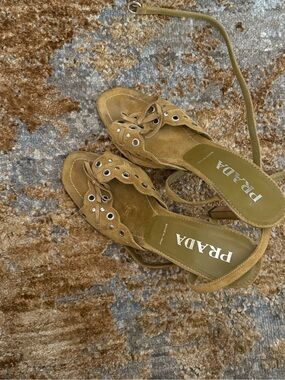 Prada Olive Green Lace-Up Suede Heeled Sandals